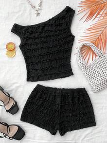 SHEIN Teen Girls Casual Comfortable Dropped Shoulder Short Sleeve T-Shirt And Shorts Co-Ord Set - Black - View 2