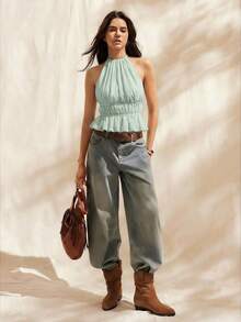 Easelle Women's Mint Green Ruched Spaghetti Strap Tie Back Camisole - Mint Green - View 3