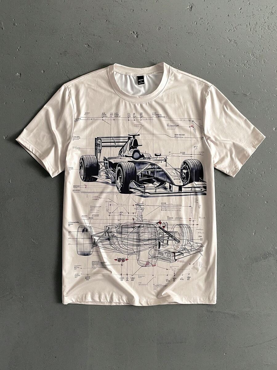 StoneGrade 男士休闲圆领短袖赛车印花 T 恤，百搭图案 T 恤 - 彩色 - 查看 1