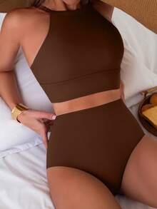 Swim Basics Bộ bikini hai mảnh cạp cao màu đen dành cho nữ, kiểu dáng thường ngày. - Cà phê nâu - Xem 3
