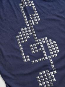 ROMWE Grunge Punk 朋克风交叉铆钉露肩女式长袖T恤 - 藏蓝色 - 查看 3