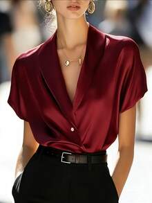 INAWLY Eleganter Mode-Satin-Cardigan mit Perlknöpfen, geeignet für Urlaub, Pendeln und Reisen, Damen Kurzarm Bluse, Frühling/Sommer - Bordeaux - Übersicht 3