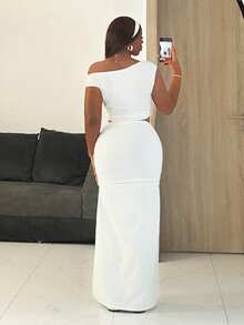 Slaydiva 早春新款，春夏音乐节，情人节，复活节，波西米亚风，游牧风，休闲，简约基础款，邮轮派对，生日派对，日常约会，休闲度假，优雅通勤，露肩，单肩褶皱上衣，T恤，短款T恤+侧褶裙，长裙，白色套装，女士两件套 -A - 白色 - 查看 7