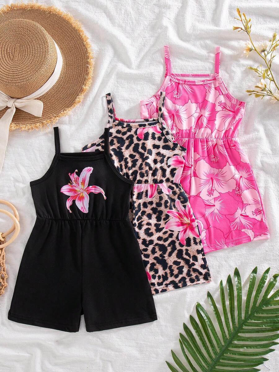 SHEIN Elladie kids 3件套女童夏季新款2025印花纯色连体短裤，简约时尚度假风连体裤 - 彩色 - 查看 1
