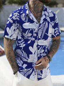 EGENSIO Camisa de verano de manga corta con botones delanteros y estampado hawaiano azul marino de moda - azul real - Ver 1