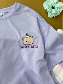 SHEIN 薰衣草 夏日可愛 親子款 婚禮賓客 童裝青少年女孩 2件組睡衣套裝 柔軟紫色短袖熊圖案T恤與格紋長褲睡衣 - 紫色 - 查看 6