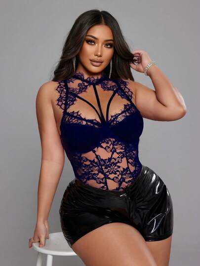 NU&NOW Plus Size Women's Sexy Lace Hollow Out Elastic Knit Casual Top, Fashionable, Elegant, Versatile For Spring/Summer, Suitable For Young Ladies