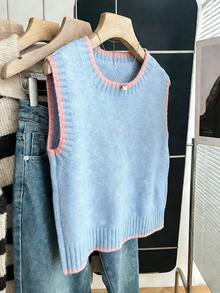 Franclia 女士休闲宽松圆领无袖针织撞色滚边卡其色毛衣上衣，春秋季 - 水鴨藍 - 查看 6
