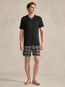 EverLounge Men's British Style Black V-Neck Short Sleeve Black & White Plaid Shorts Pajama Set - Black - View 3