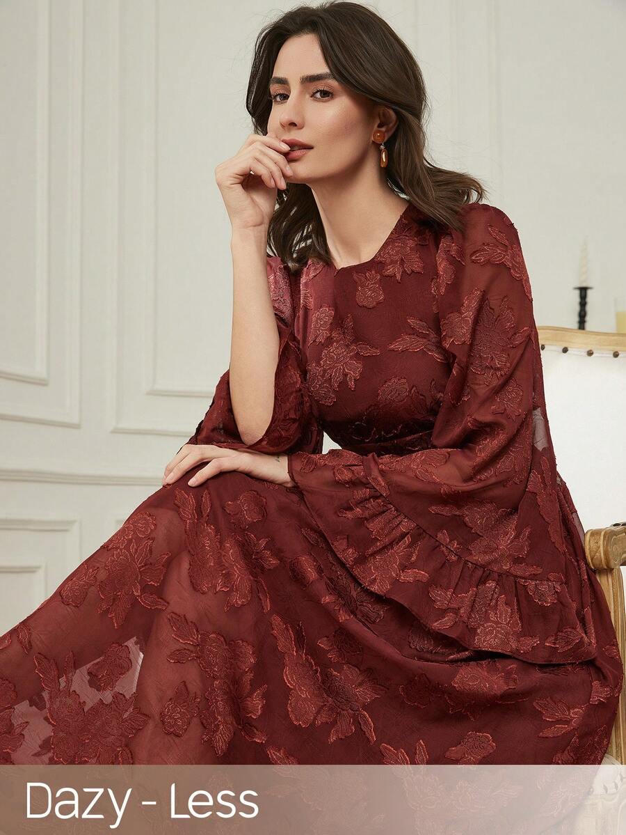 Dazy-Less Women's Elegant Round Neck Bell Sleeve Dress - Redwood - View 1