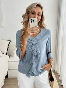 Louniche Áo sơ mi nữ tay bồng dáng suông màu xanh trơn, thích hợp cho kỳ nghỉ, ở nhà và mặc đa năng, mùa xuân/hè. - Màu xanh lam - Xem 5