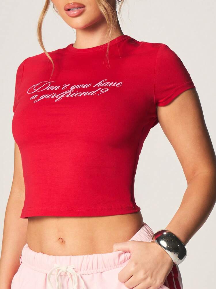 MISSGUIDED Don't You Have Girlfriend Graphic Crop Tee Short Sleeve Red Cotton Slogan Top Summer Casual Letter Print Shirt