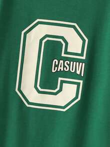 Casuvi Kids 儿童女童休闲宽松圆领短袖落肩字母印花连衣裙，复古美式风格，夏季新品 - 墨綠色 - 查看 4