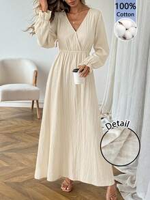 SHEIN LUNE 女士休闲纯棉纯色收腰连衣裙 - 卡其色 - 查看 6