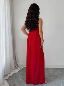 SHEIN Raffinéa 女士春夏金属无肩带透视雪纺开衩上衣搭配弹力直筒裤，时尚性感，外出两件套，红色两件套，假日风，度假装 - 紅色 - 查看 2