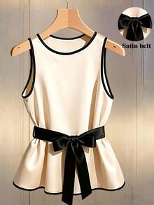 Franclia French-Style Elegant Top,Black And Beige,Sleeveless Summer Tank Top With Satin Belt Tie,Fitted Waist Office Wear For Teachers,Versatile Casual Top - Apricot - View 1