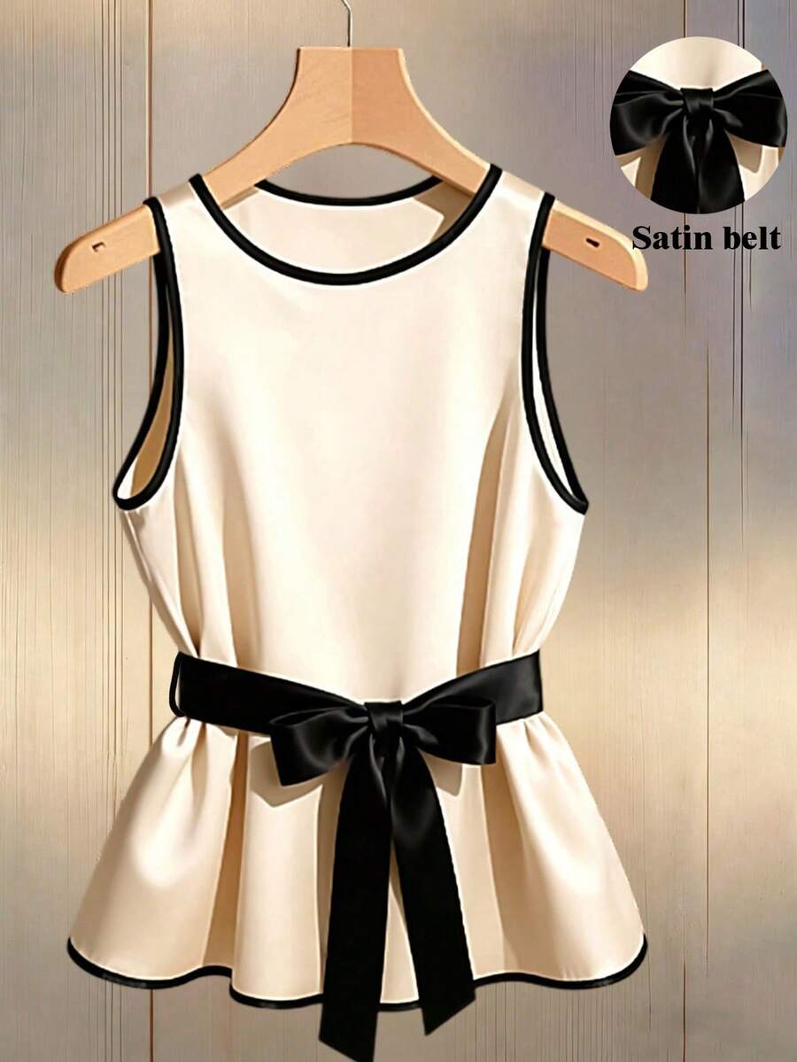 Franclia French-Style Elegant Top,Black And Beige,Sleeveless Summer Tank Top With Satin Belt Tie,Fitted Waist Office Wear For Teachers,Versatile Casual Top - Apricot - View 1