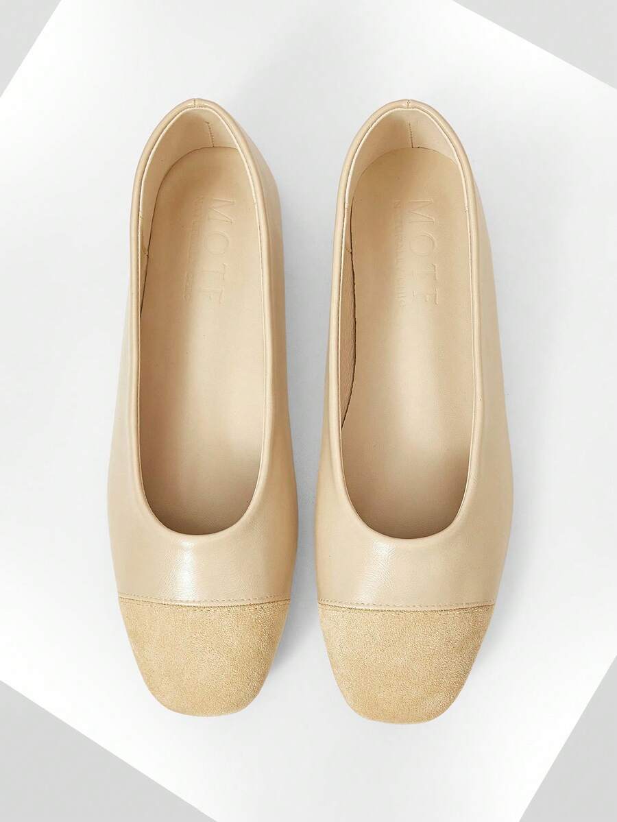 MOTF WOMEN CONTRAST PU LEATHER SQUARE TOE FLATS FOR CHRISTMAS SPRING SHOES - Apricot - View 1