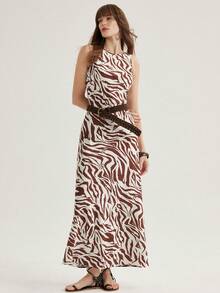 Aveloria Modichic Vestido con estampado de cebra marrón sobre base blanca, con costura suave y acabado, de estilo moderno y fashion, adecuado para discoteca, cita, fiesta de verano, picnic, uso diario, con elemento de estampado animal, ligero y entallado - Marrón - Ver 4
