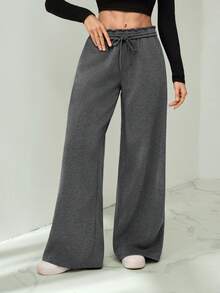 SHEIN Tall 秋冬新款休闲加厚弹力腰宽松阔腿运动裤，显瘦百搭，春夏休闲百搭款式 - 深灰色 - 查看 5