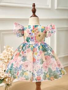 SHEIN Girls Ditsy Floral Dress, Children's Fashionable Princess Dress, Baby Summer Dress, Little Girl Summer Dress - Green - View 9
