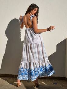 Bóhologie 女士蓝色碎花波西米亚风长裙 – 无袖吊带夏季连衣裙，复古层叠印花常规款长裙，度假沙滩装 - 藍色 - 查看 2