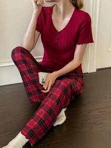 SHEIN Women's Casual Brushed V-Neck Short Sleeve 2-Button Plaid Pants Pajama Set - Burgundy - View 3