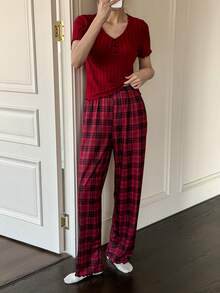 SHEIN Women's Casual Brushed V-Neck Short Sleeve 2-Button Plaid Pants Pajama Set - Burgundy - View 5