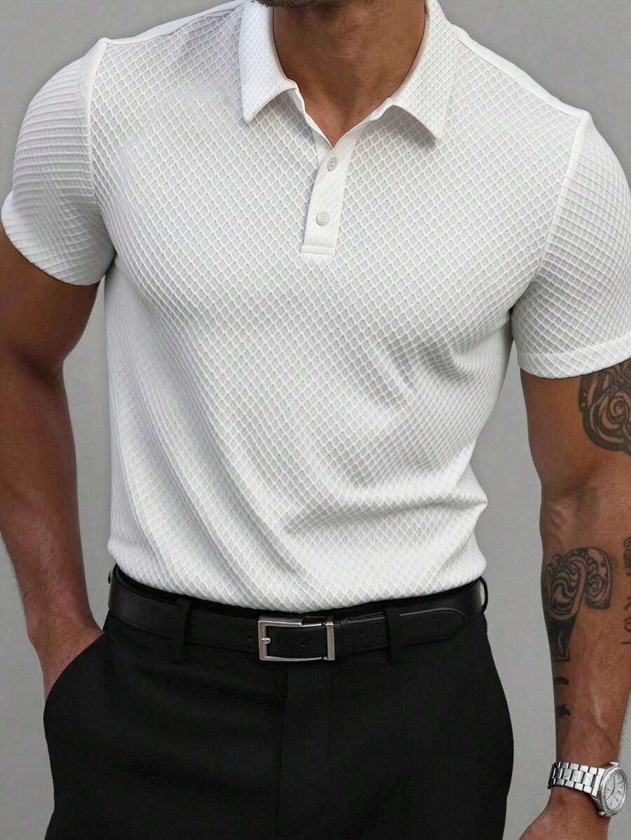 Manfinity Homme 男士白色 Polo 衫,短袖夏季休閒 Polo 衫,適合上班,純色高爾夫球衫,老錢風百搭通勤上衣,男友禮物 - 白色 - 查看 1
