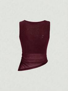 Sweetra Women's Shiny Knit Asymmetric Fitted Sleeveless Top, Slimming, Versatile For Daily Commute, Spring/Summer Asymmetrical Top - Burgundy - View 2
