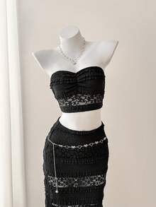 SHEIN Unity Summer New Fashionable Sexy Hollow-Out Solid Color Lace Bandeau Top + High Slit Maxi Skirt Romantic Vacation 2 Pieces Set For Women - Black - View 4