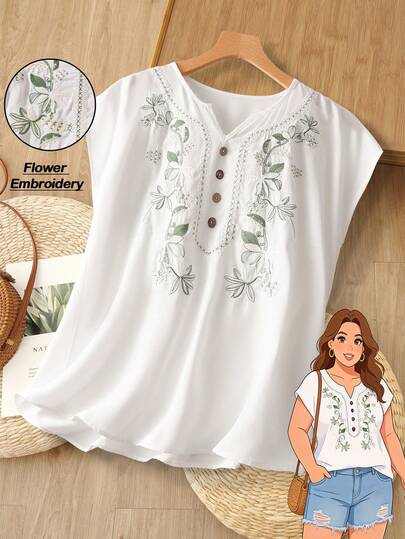 EMERY ROSE Plus Size Women's Summer Casual Vacation Country Solid Color Floral Embroidered Button Decor White Short Sleeve Blouse Top Shirt, Early Spring,Spring Break Outfits ,Vacation Outfits Women ,Holiday Outfits For Women,Spring Clothes Women,Going Out Outfits,2026 New Clothes,Simple And Fashionable For Everyday Wear,Summer Tops Plus Size,White Boho Top