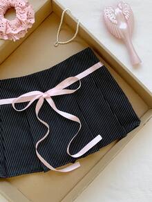 Comfortcana Chân váy ngắn xếp ly thắt nút kẻ sọc thời trang đa năng dành cho nữ, thích hợp cho hẹn hò/đi chơi mùa hè. - màu đen - Xem 5