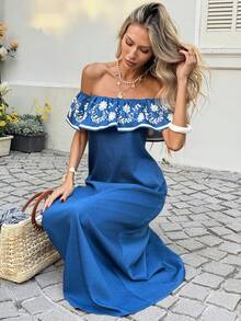 SHEIN Holidaya 女士碎花单肩荷叶边下摆长裙 - 藍色 - 查看 6