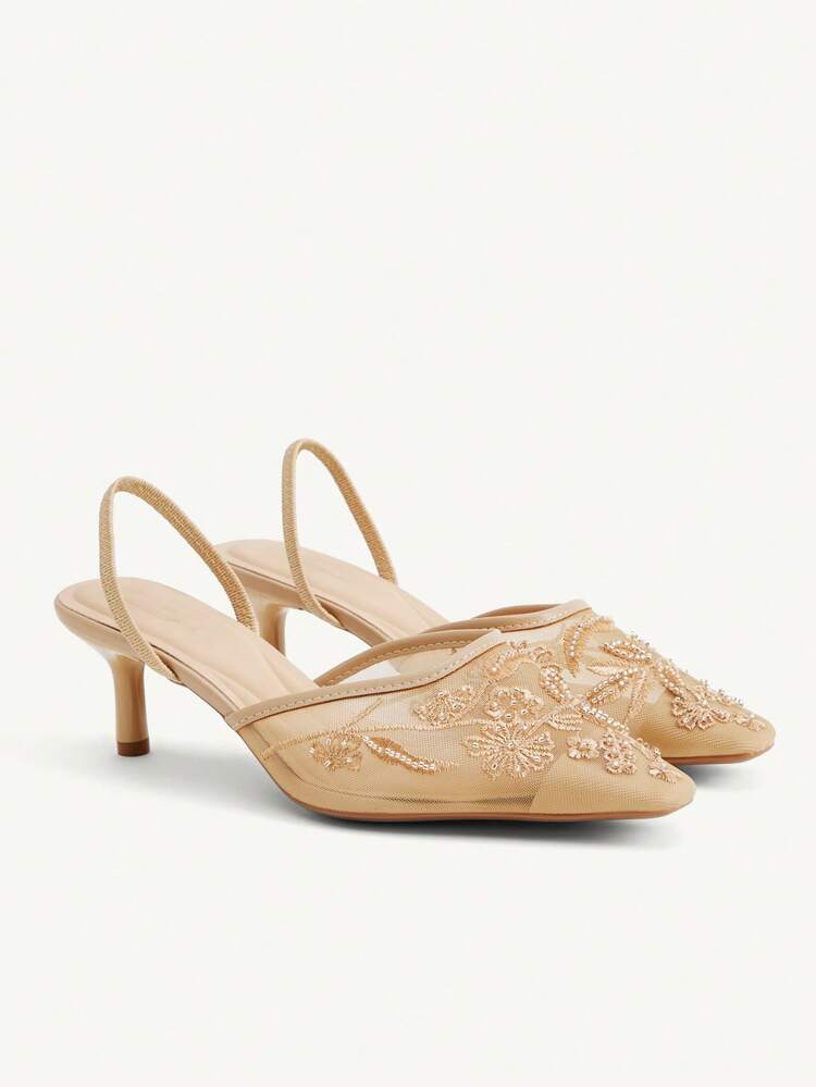 CUCCOO CHICEST Women's Embroidered Mesh Beaded Square Toe Mid-Heel Slip-On Pumps, Elegant Party Wear Stilettos Wedding Shoes Spring Shoes Bride Shoes