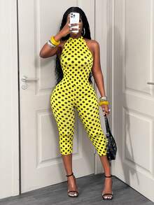 BamGleam Bộ jumpsuit nữ thời trang, ôm sát, chất liệu lụa sữa co giãn, họa tiết chấm bi màu sắc tươi sáng, kiểu dáng buộc dây cổ, hở lưng, không tay, quần lửng. - Màu vàng - Xem 5