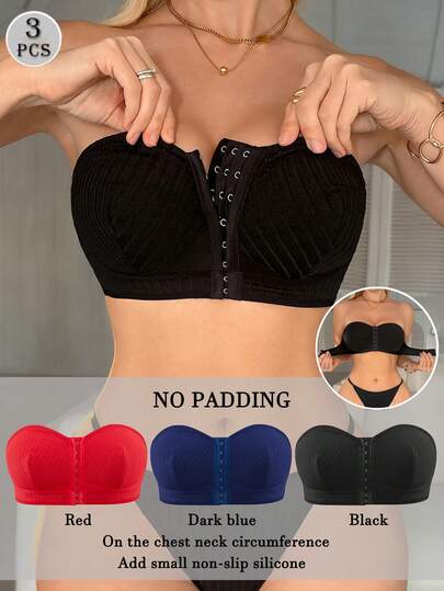 3pcs Women's Solid Color Front Closure Strapless Bras