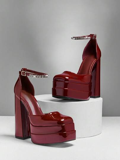 SHUZIA Women Glamorous Sexy Ankle Strap Double Platform Heel Pumps