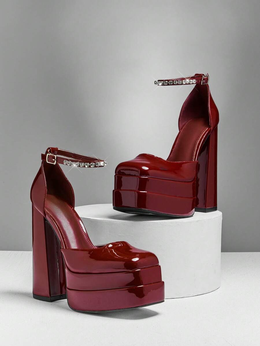 SHUZIA Women Glamorous Sexy Ankle Strap Double Platform Heel Pumps - Burgundy - View 1