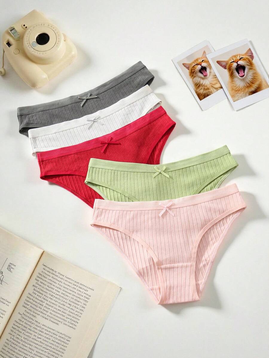 Lowkey Lull 5 件裝女用蝴蝶結裝飾純色三角內褲 - 彩色 - 查看 1