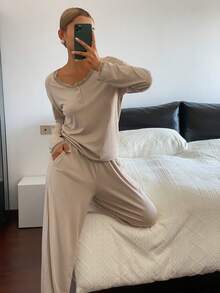 DAZY Women's Minimalist Soft Knit Lace Patchwork Pajama Set - Khaki - View 6