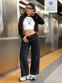 SHEIN PETITE 女士休闲时尚街头风日常通勤低腰宽松阔腿牛仔裤 - 黑色 - 查看 5