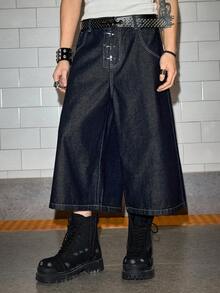 ROMWE MEN Grunge Punk 男士宽松飞机扣阔腿休闲牛仔短裤 - 藍色 - 查看 4