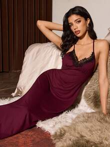 Slumberist Women's Sexy Lace Patchwork Backless Hollow Out Camisole Nightgown Sexy Nightgown Long Night Dress Long Lingerie Dress Spaghetti Strap Nightgown Lace Night Gown - Purple - View 6
