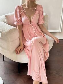 Dream Adore Conjunto de bata y camisón con volantes en el dobladillo y decoración de lazo, camisón sexy, bata de seda rosa, pijama de seda rosa, ropa de dormir para mujer, vestido de pijama rosa - Rosa - Ver 4