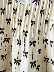 SHEIN Tween Girl Round Neck Bow Print Pleated Casual Versatile Daily Wear Cap Sleeve Blouse - Apricot - View 3