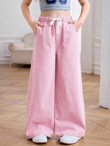 SHEIN Quần jeans ống rộng cạp chun màu sáng cho bé gái tuổi teen, quần jeans ống rộng thoải mái, cạp chun co giãn, thích hợp mặc hàng ngày, quần ống rộng thoải mái mùa hè, phong cách boho, đi biển, nghỉ mát, dự tiệc, lễ hội âm nhạc. - Hồng - Xem 3