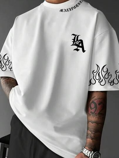 Manfinity Dauomo Men's Summer New Fashionable West Coast Flame Element And LA, California Letter Pattern Printed Casual Loose Round Neck T-Shirt, Suitable For Daily Leisure, Outdoor Sports, Music Festival Dressing, Machine Washable