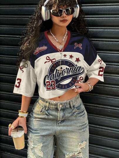 Slaydiva Camiseta holgada de mujer de manga corta 5/8 con cuello en V y malla, adecuada para el verano y actividades deportivas