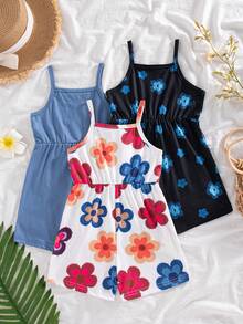 SHEIN Playful Pals Bộ 3 món áo liền quần/quần short cho bé gái mùa hè, họa tiết hoa và màu trơn, kiểu dáng thời trang đi nghỉ mát, đa năng. - Nhiều màu - Xem 2
